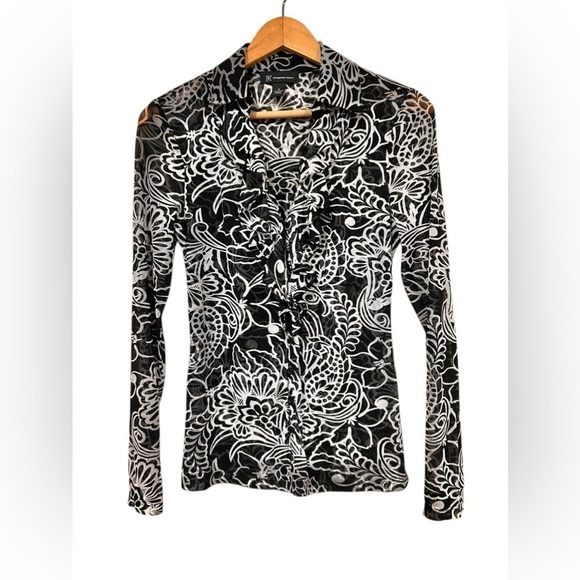INC International Concepts Tops - Vintage INC International Concepts Black Ruffle Neck Button Up Blouse Sheer Y2K